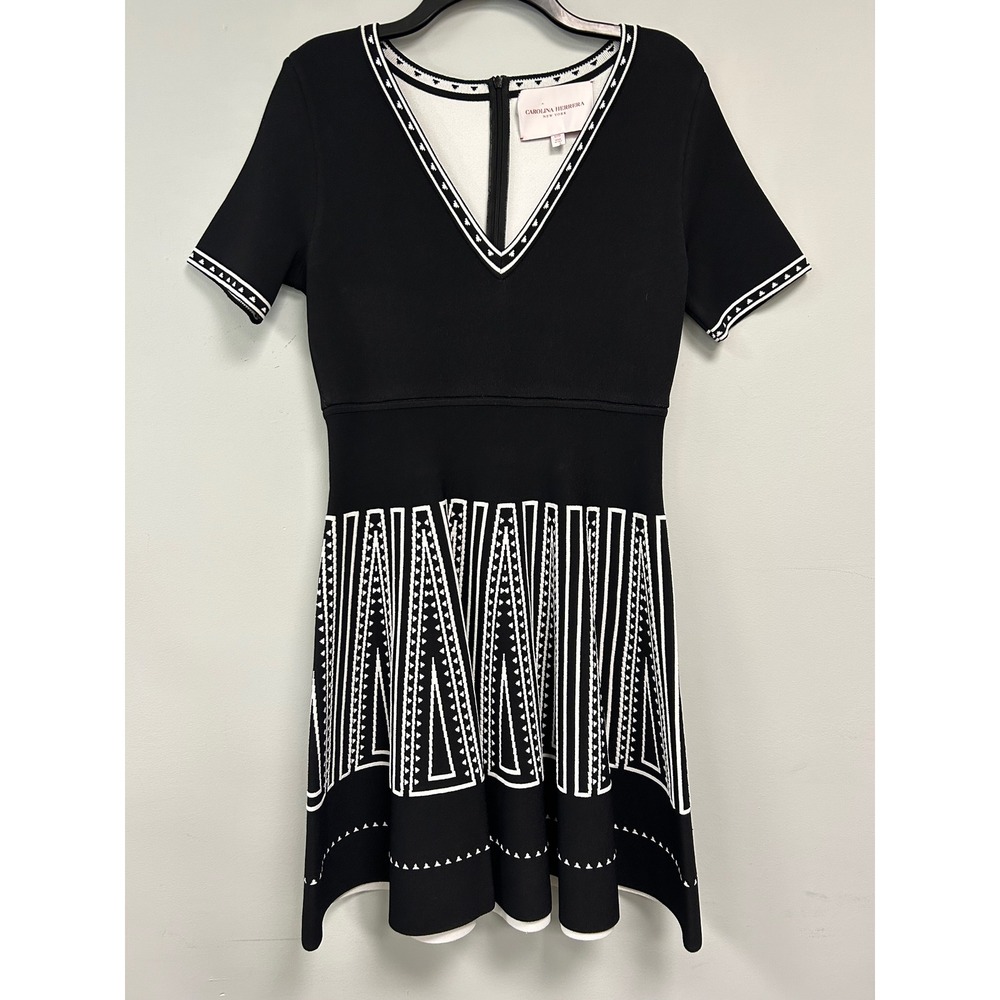 Carolina Herrera Fit & Flare Knit Dress Women Large Black White Short Sleeve
